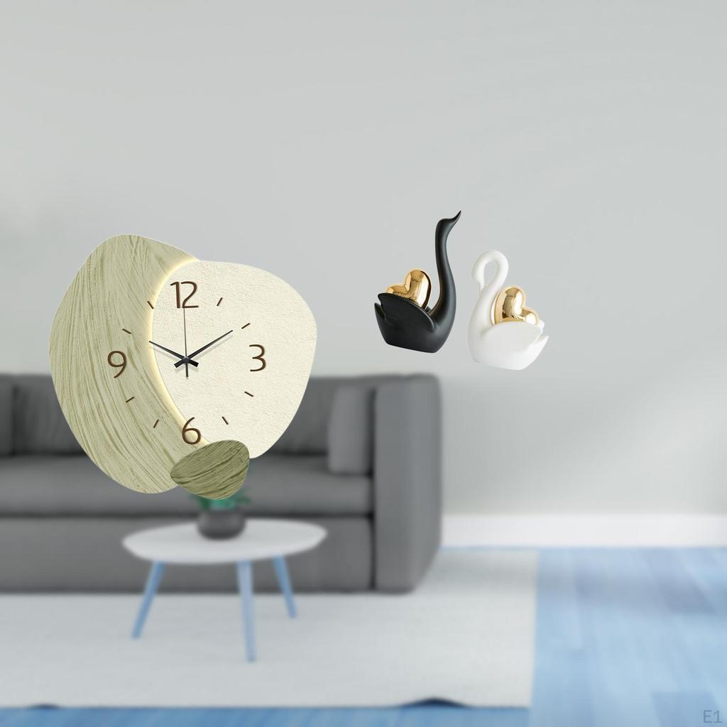 Silent Cartoon Wall Clock And Swan Figurines Tabletop Ornament for Kitchen Office Farmhouse Room