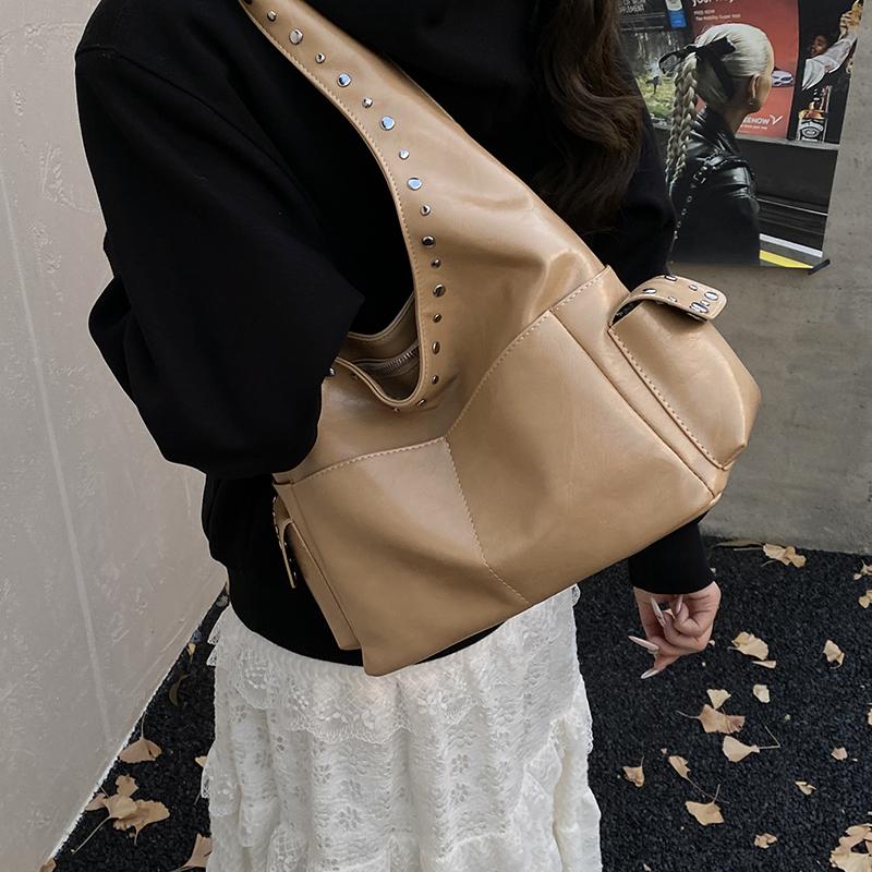 PU Hobo Bag Women's Fashion Shoulder Tote with Stud Detail Multiple Pockets Casual Everyday Handbag