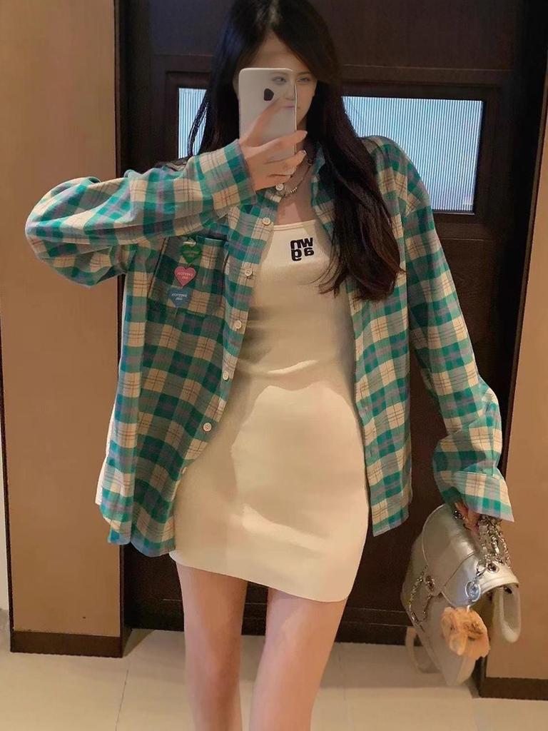 Damen Grün Kariert Langarm Freizeitbluse - Leicht, Lockere Passform für Frühling, Sommer und Herbst