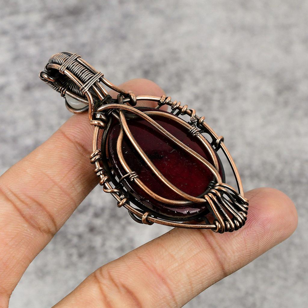Red Flash Labradorite & Rainbow Moonstone Pendant, 999 Copper Wire Wrapped Jewelry, Gemstone Jewelry Pendant, Handmade Wedding Gift Jewelry