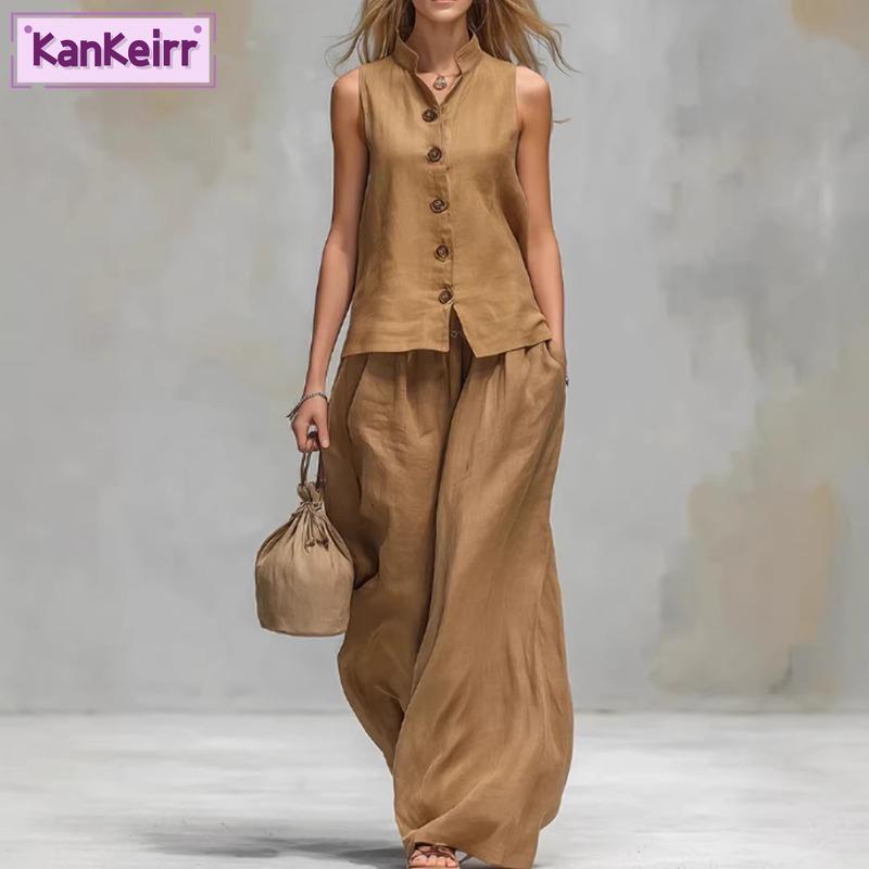 kankeirr Women's Sleeveless Stand Collar Fashion Casual Pants Suits