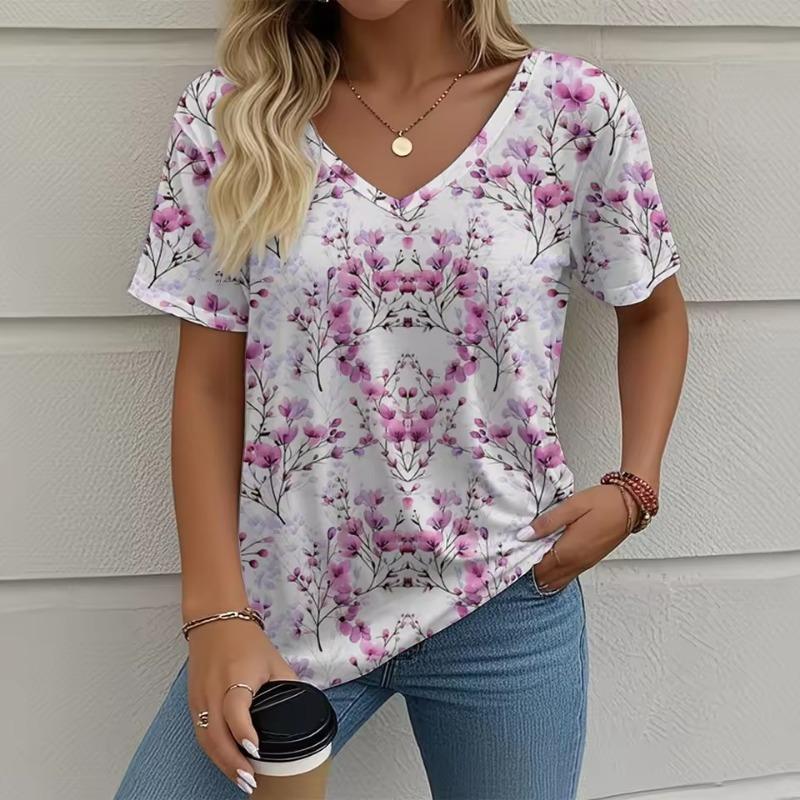 Women's Summer T-Shirt 3D Plant Flower Print Retro Fashion Casual Short-Sleeved Street Oversized V-Neck Women's Clothing