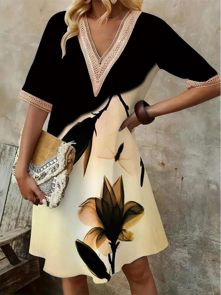 2025 Spring/Summer Lace V-Neck Print Midi Dress with Loose Hem