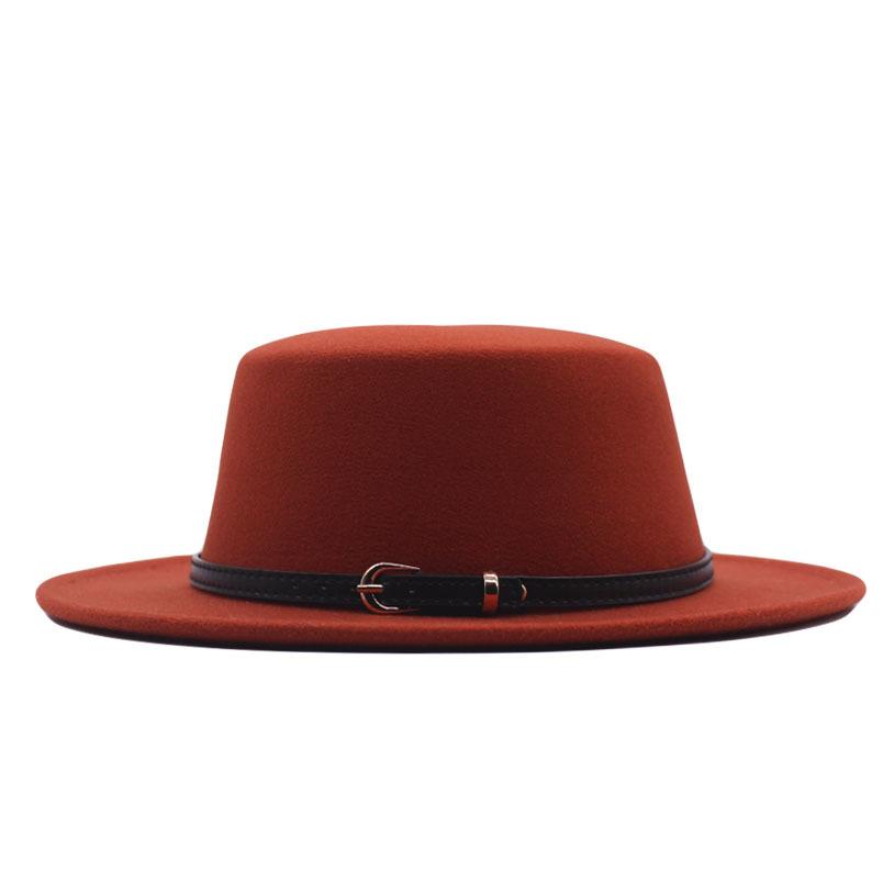 Hat Women's Woolen Top Hat Autumn and Winter Solid Color Retro Gentleman British Style Flat Top Belt Accessories Felt Hat