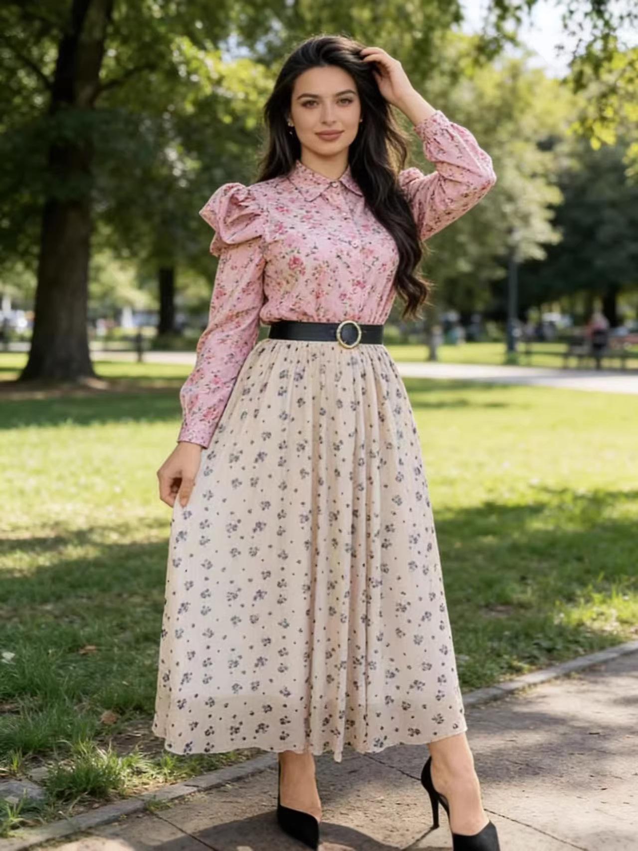 Plus Size Women s Apricot Floral High Waist A-line Maxi Skirt for Work or Vacation 4XL