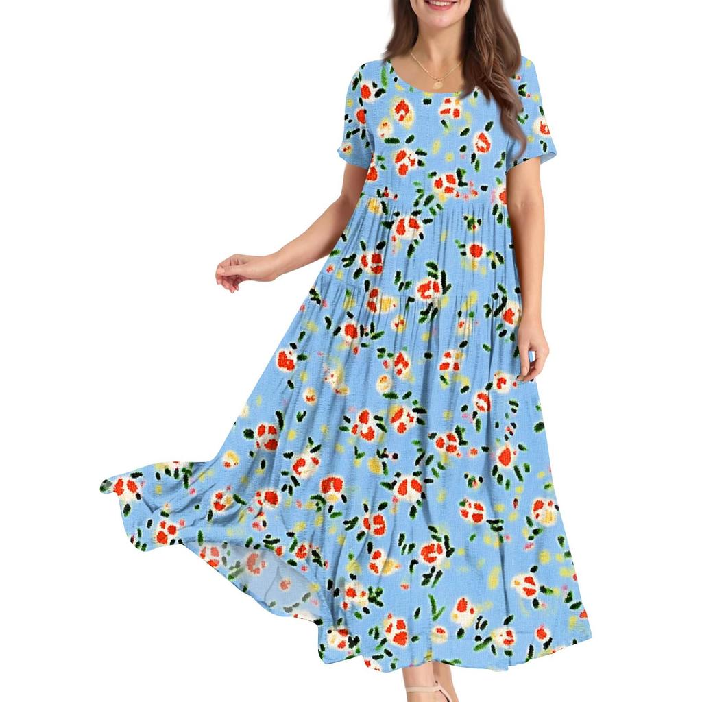 Damen Sommer Rundhals Kurzarm Geblümtes Boho Lockeres Kleid