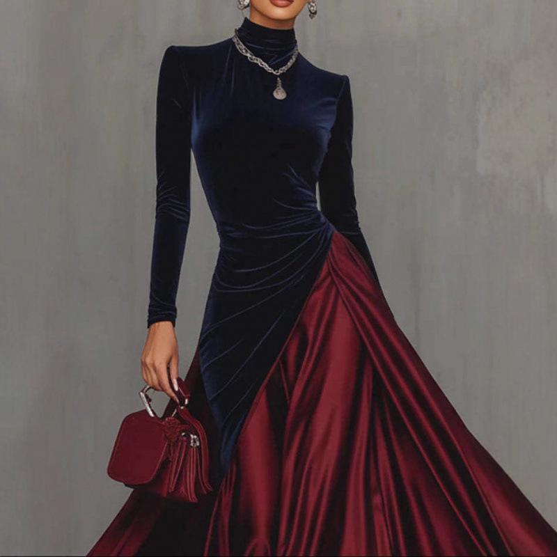 European Style Elegant Patchwork Velvet High-Neck Dress with Large Hem for Spring 2026.