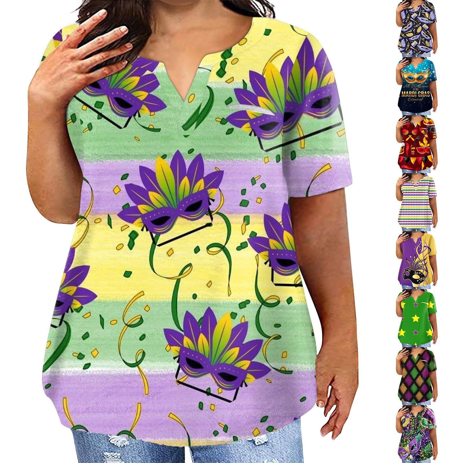 

Women s Large T-shirt Summer Casual Carnival Print V-neck Short Sleeve Pocket Top