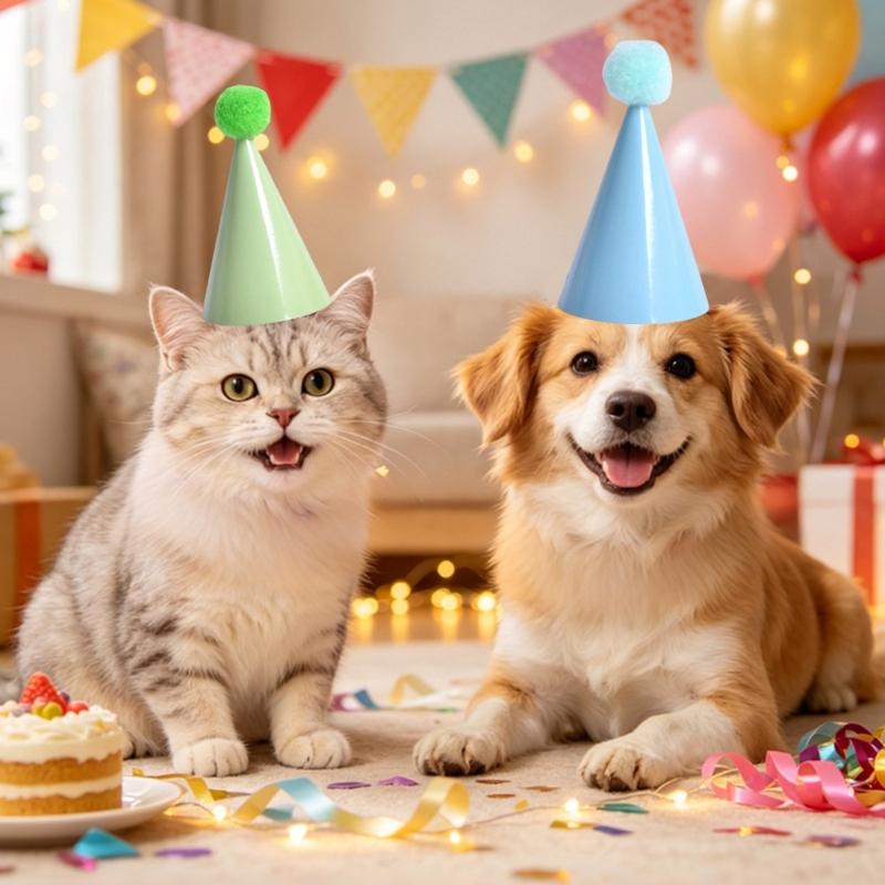 Lightweight Pet Celebration Hat for Dog and Small Pet, Paper Birthday Party Cap with Furry Balls for Photography Dressingup