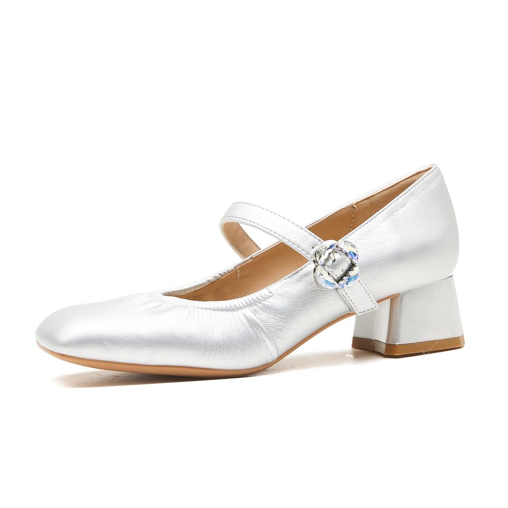 57707 [Discontinued] High heels women's thick heels 2025 new square head temperament one-word folds Mary Jane single shoes