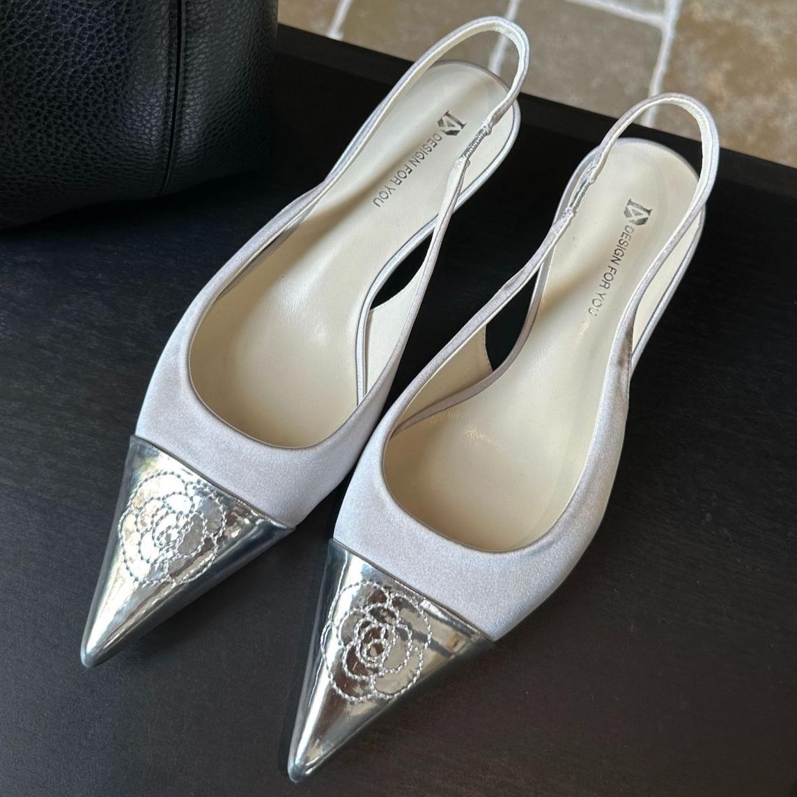 

Fashion High Quality Pointed Toe Flower Women Sandal Shallow Back Strap Thin Heel Slide Sandals Summer Fashion Comfortable Designer Shoe 39 серебряный