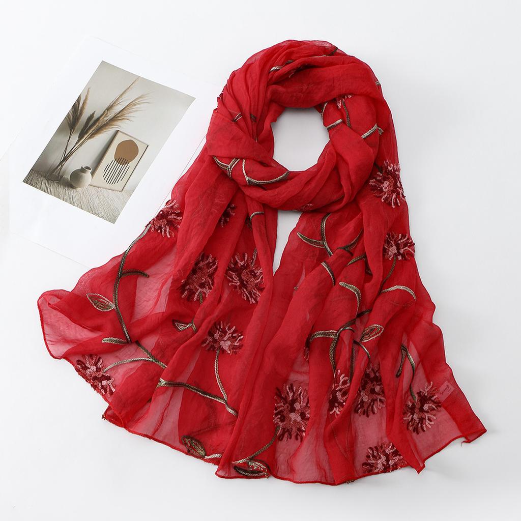 Spring Summer Ethnic Style Artistic Retro Embroidered Scarf Shawl Organza Beach Tourism Women