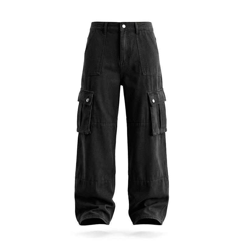 Men s Vintage Washed Blue Cargo Jeans Wide Leg Denim Pants with Pockets M