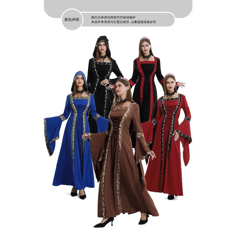Women Vintage Medieval Court Style Square Neck Flared Sleeve Hooded Large Hem Dress