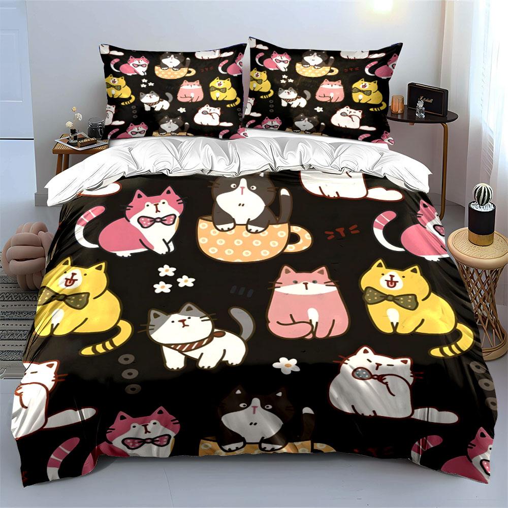 Cute Cat Pattern Decoration Set Bedding Set with 1 Duvet Cover 2 Pillowcases Single Double King Queen, Gift
