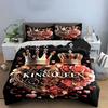 King Queen Crown Heart Bedding Set 3PCS Luxury Golden Rose Print Duvet Cover Pillowcases Romantic Bed Linen for Couple Bedroom