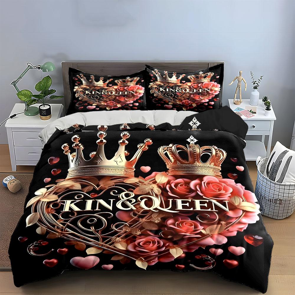 King Queen Crown Heart Bedding Set 3PCS Luxury Golden Rose Print Duvet Cover Pillowcases Romantic Bed Linen for Couple Bedroom
