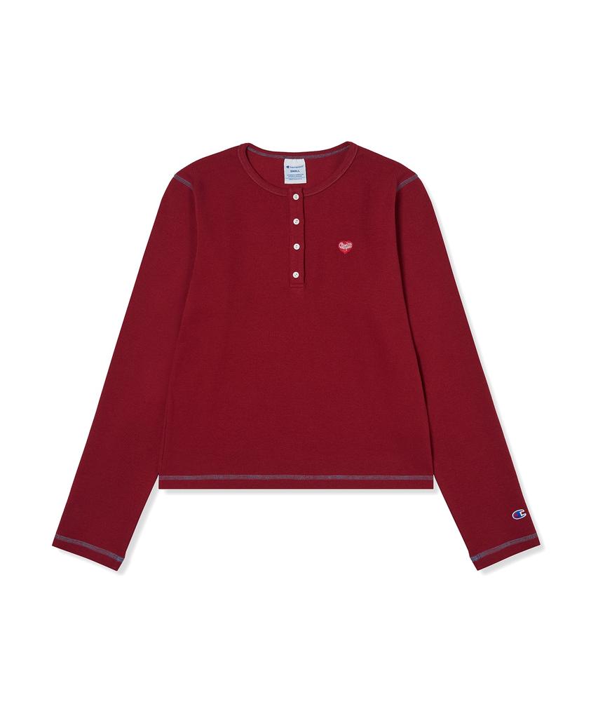 CHAMPION Women'S Heart Logo Henley Neck Long Sleeve Red