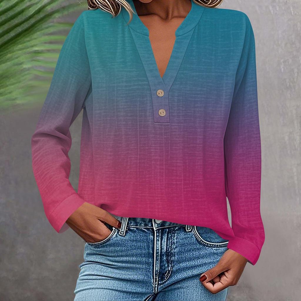 Camisa de Moda y Casual para Mujer Manga Larga Cuello en V Botones Estampada Blusa Top
