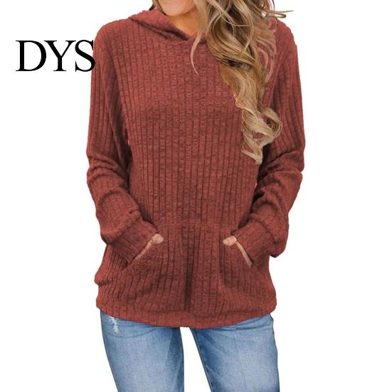 Warm Long-sleeve Sweater Women Knitted Hooded Long Sleeve Loose Fit Ribbed Knitting Pullover Tops with Pockets Casual Solid Color Autumn Knitwear