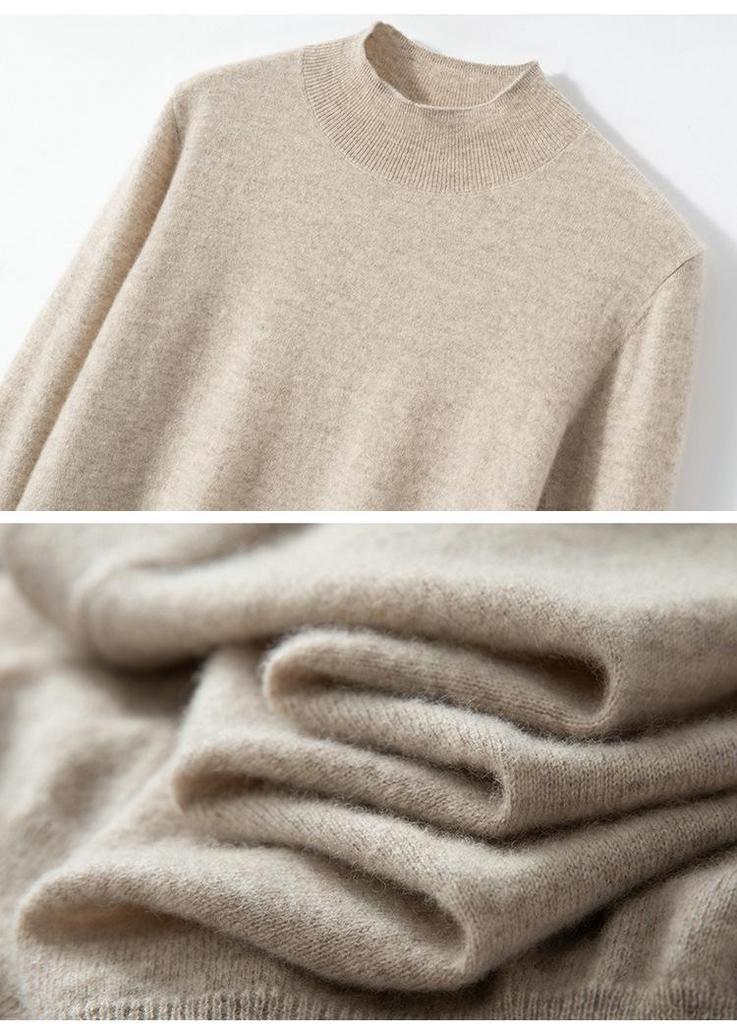 100% Cashmere High Neck Knitwear: Solid Color Loose Pullover