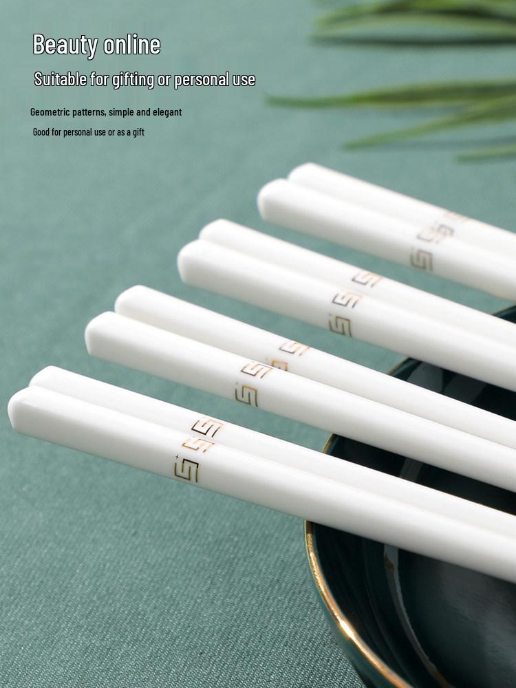 10 Pairs of High-Temperature Fired Gold Ceramic Chopsticks - Fade and Deform Resistant Bone China for Household Use