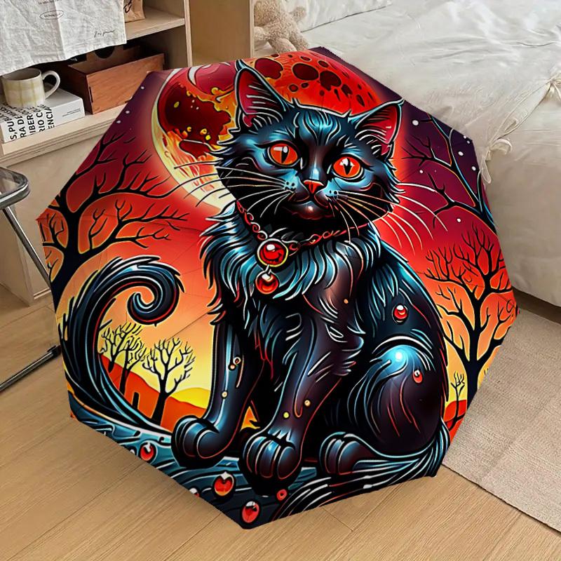 1pc Black Cat Moon Fashionable Automatic Opening/Closing Folding Umbrella with 8 Iron Bones, Plastic Handle yy251015087
