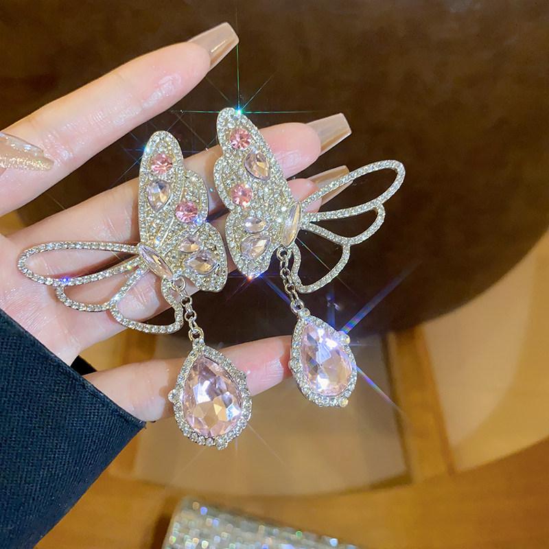 Silver Needle Luxury Rhinestone Butterfly Drop Earrings