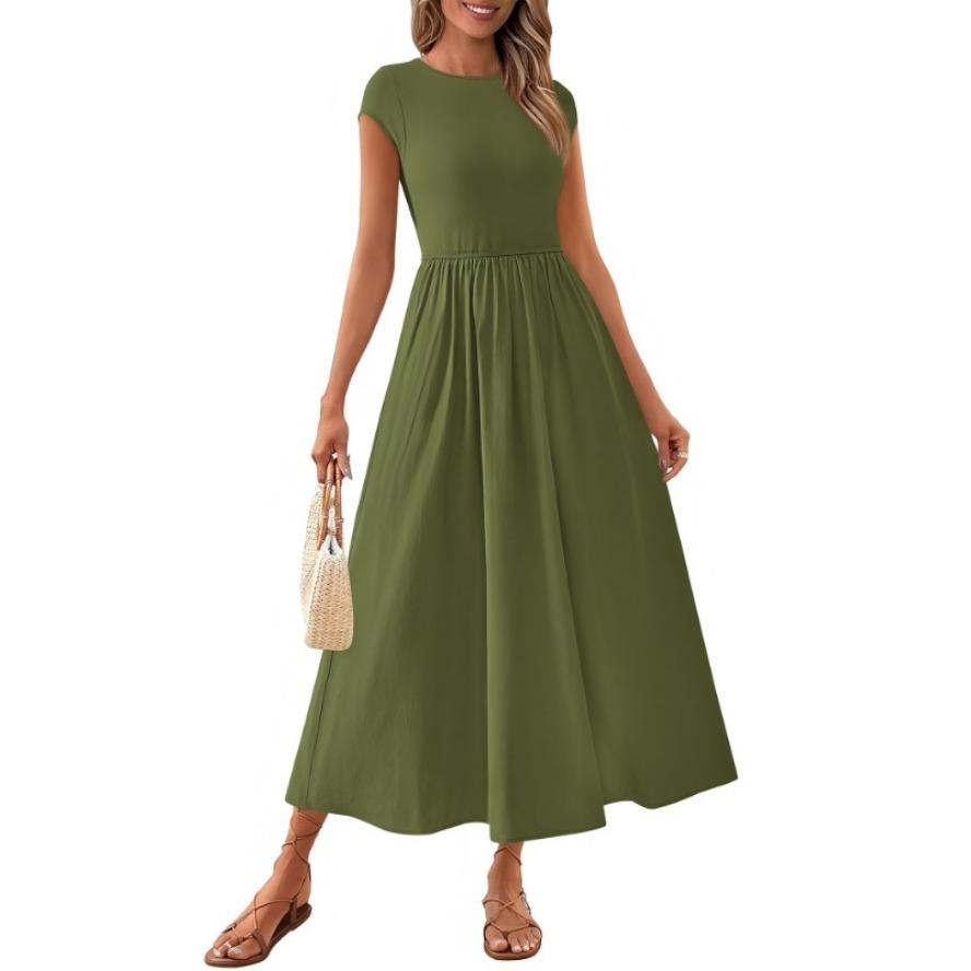 YYFS Dámská móda Léto Jaro Jednobarevný potisk Neformální šaty s krátkým rukávem do O-výstřihu a vysokým pasem