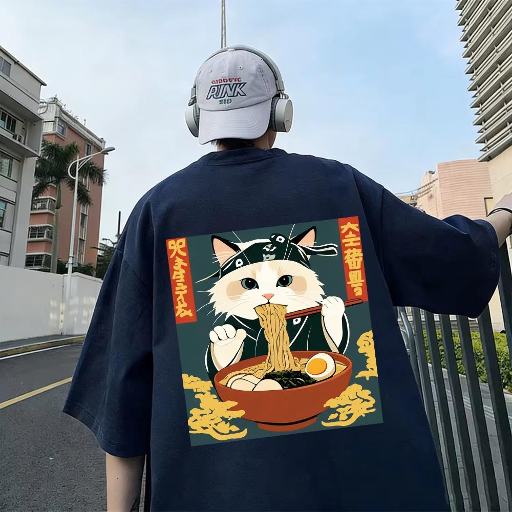 Cats Like Lamian Noodles Prints Unisex Tshirt Cotton Summer Soft Tops Oneck Short Sleeve T Shirt Unisex Casual Male Clothes