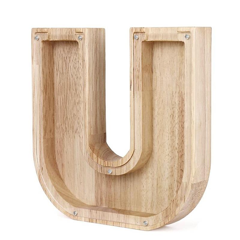 18cm Twenty-six Letter Piggy Bank Wooden Coin Money Saving Box Jar Coins Storage Box Desktop Ornament Home Decor Craft Xmas Gift