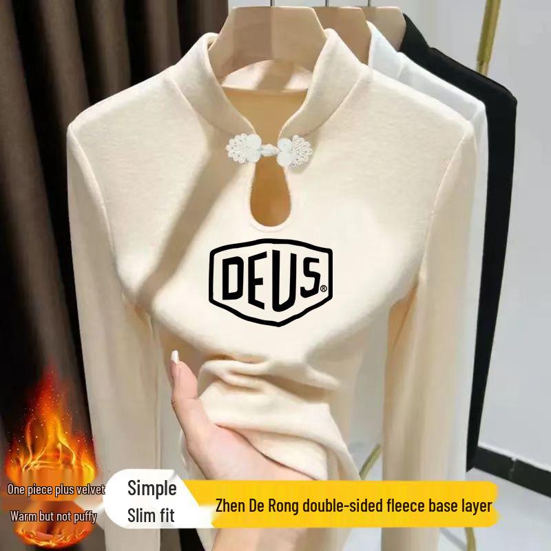 

Женская осенне-зимняя футболка с застежкой на пуговицы-лягушки, воротником-стойкой, длинными рукавами, воротником-каплей и национальным принтом 2XL (suggested 65-72.5 kg) абрикосовый