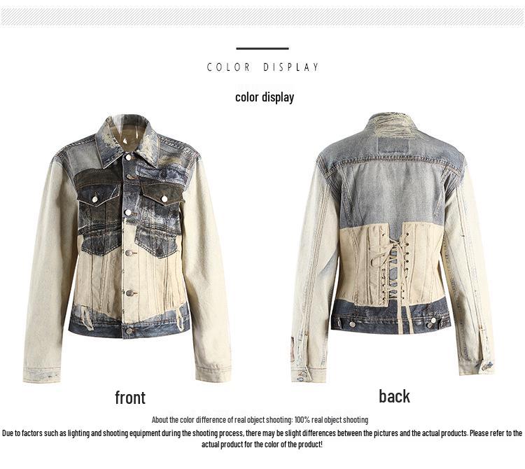 Damen Retro Slim-Fit Rissige Jeansjacke mit Visuellem Print