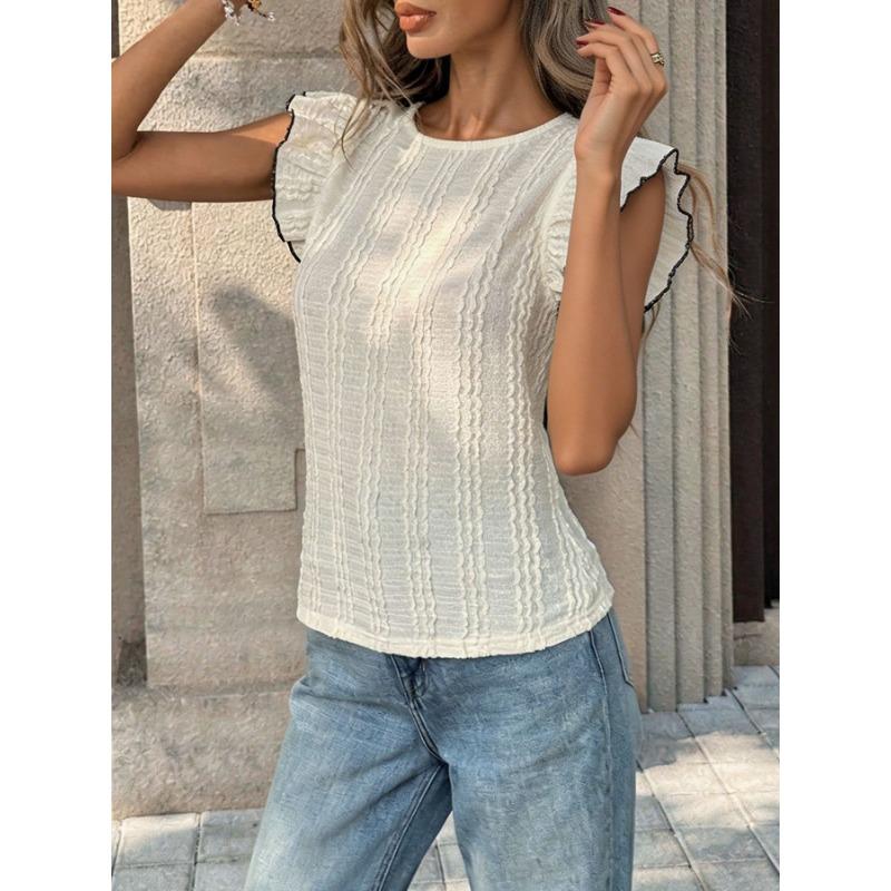 Women Casual Textured Backless Bow Tie Flying Sleeve Knit Short Sleeve T Shirt