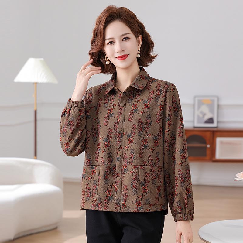Mom's Autumn Print Zipper Cardigan – 2025 New Loose Lapel Jacket for Middle-Aged and Elderly Women