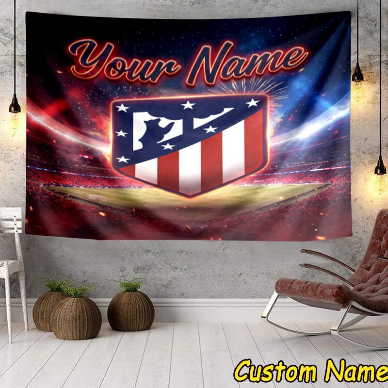 Custom Name Atletico Madrid Crest Tapestry Accessories for Bedroom,Livingroom, dormitory Room Wall Hanging Decor, Fan Birthday Gifts