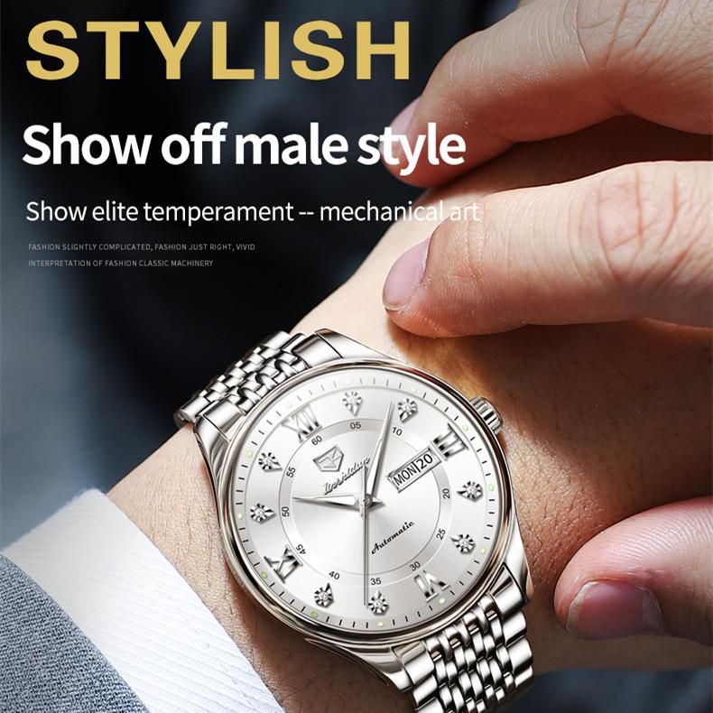 JINSHIDUN Nové pánské hodinky pro podnikání a volný čas Dual Calendar Plně automatické mechanické hodinky Intarzované pánské hodinky nejvyšší třídy