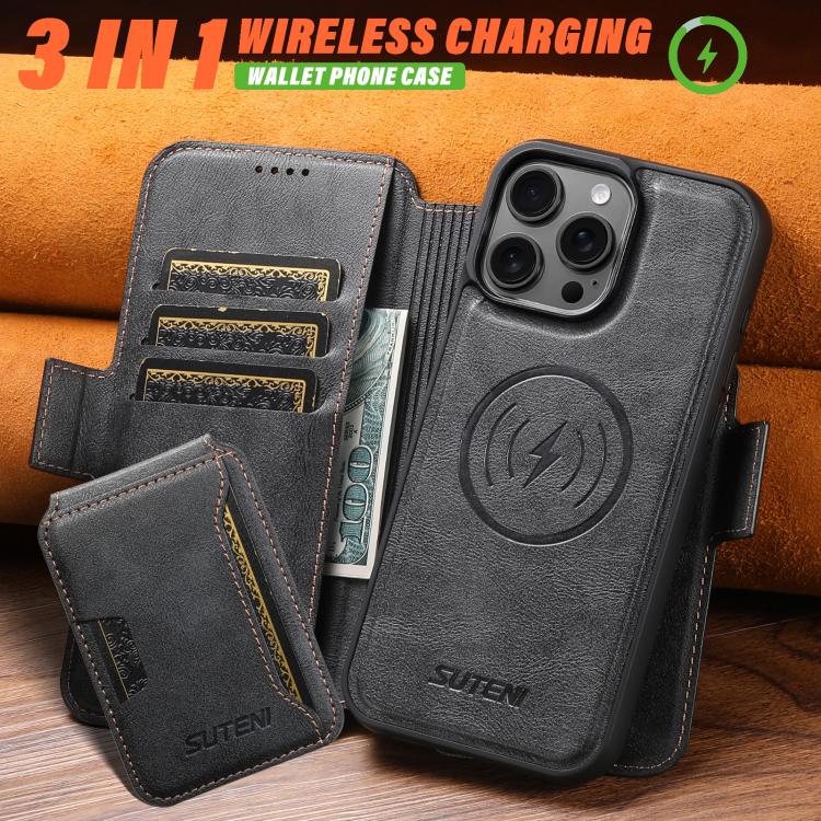 Suteni Q06S3 3-in-1 Splicing Detachable Vertical Flip Wallet MagSafe Leather Phone Case