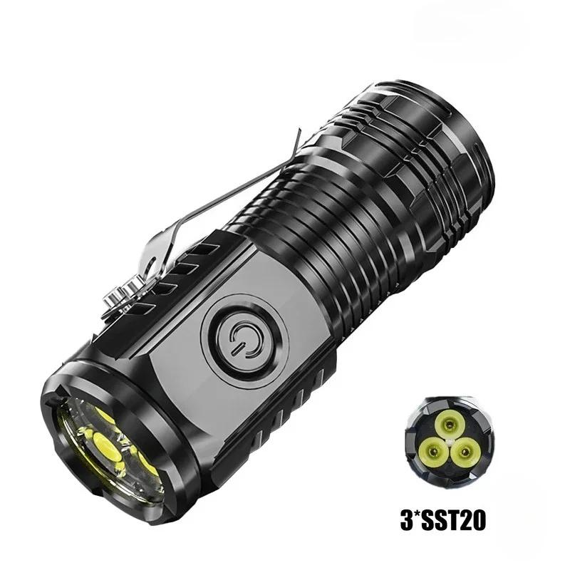 3LED Super Bright Flashlight Portable Mini Burst Flash Torch USB Rechargeable Outdoor Emergency Spotlight with Pen Clip Lantern