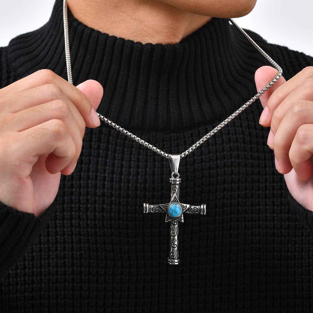 Vnox Stainless Steel Pentagram Turquoise Cross Pendant Necklace with Box Chain, Unique Vintage Religious Jewelry Gifts for Men