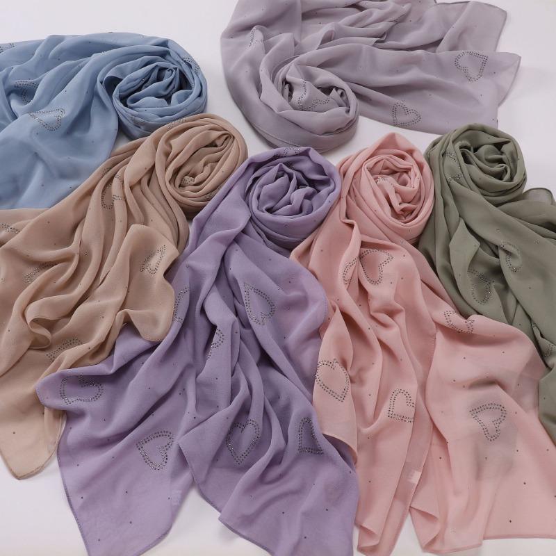 High Quality Chiffon Long Scarf With Heart Star Rhinestone Ethnic Headscarf