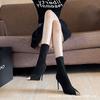 [Spot] Black Pointed Thin Heel High Heel Short Boots Women's Autumn and Winter New Elastic Thin Boots Medium Tube Socks Boots Single Boots