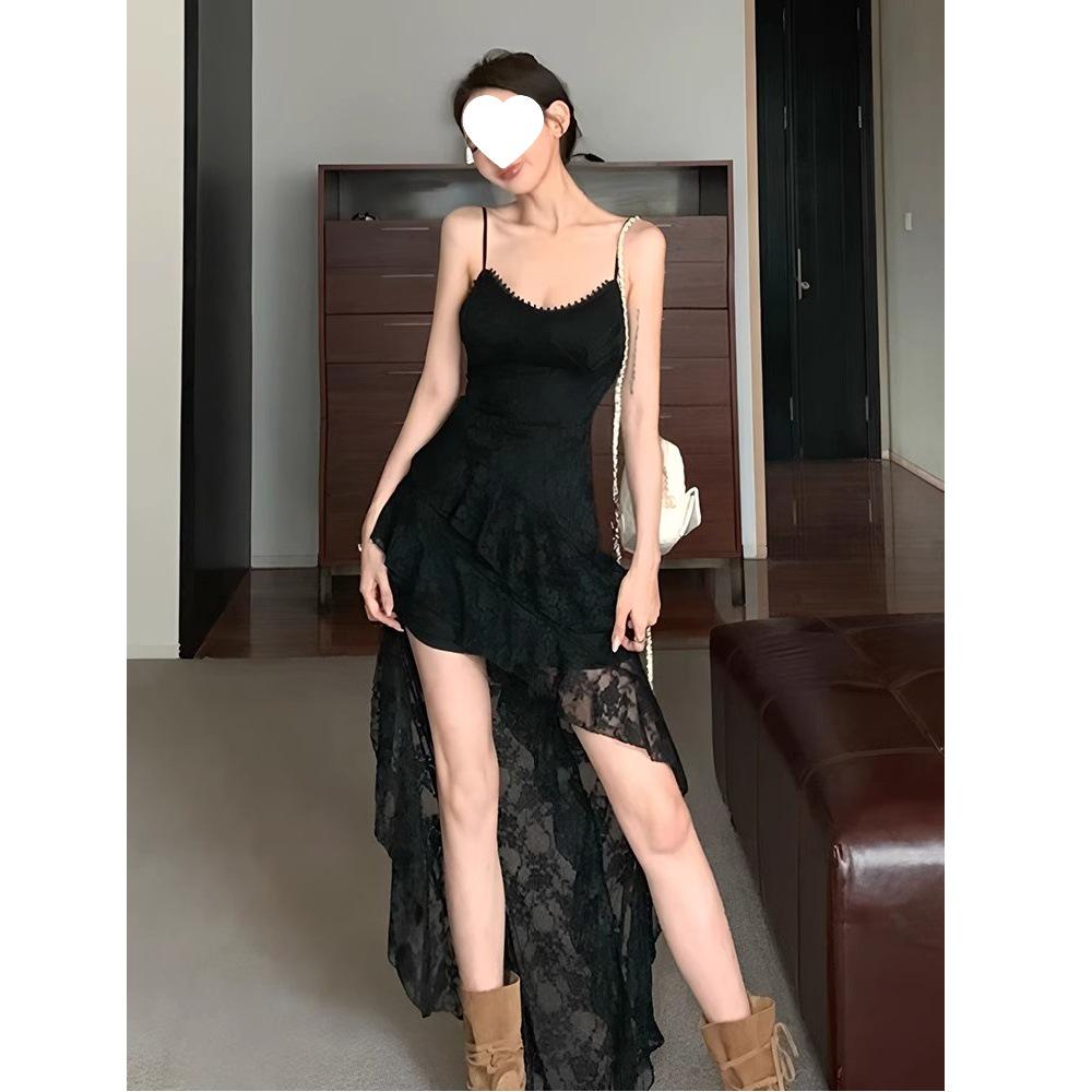 Elegant Women's Lace Ruffle Camisole Dress with Irregular Skirt and Slimming Waist-A-Line Design