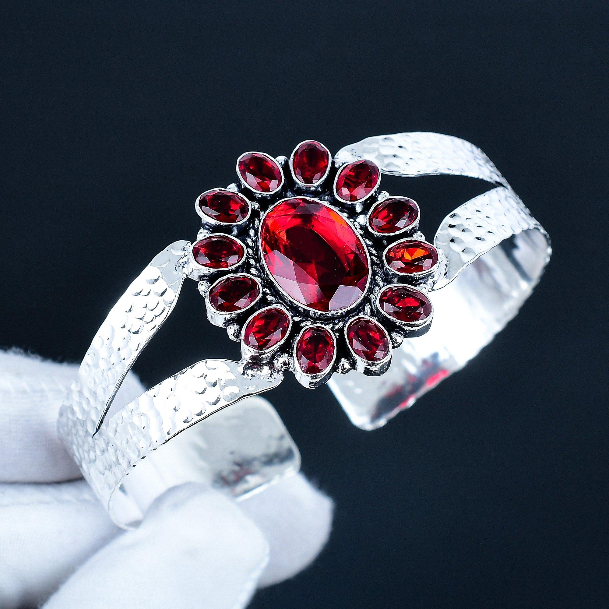 

Красивый браслет-манжета ручной работы с гранатом, браслет-манжета из стерлингового серебра 925 пробы, браслет в форме цветка с гранатом для жены, унисекс-браслет, подарок 7 красный