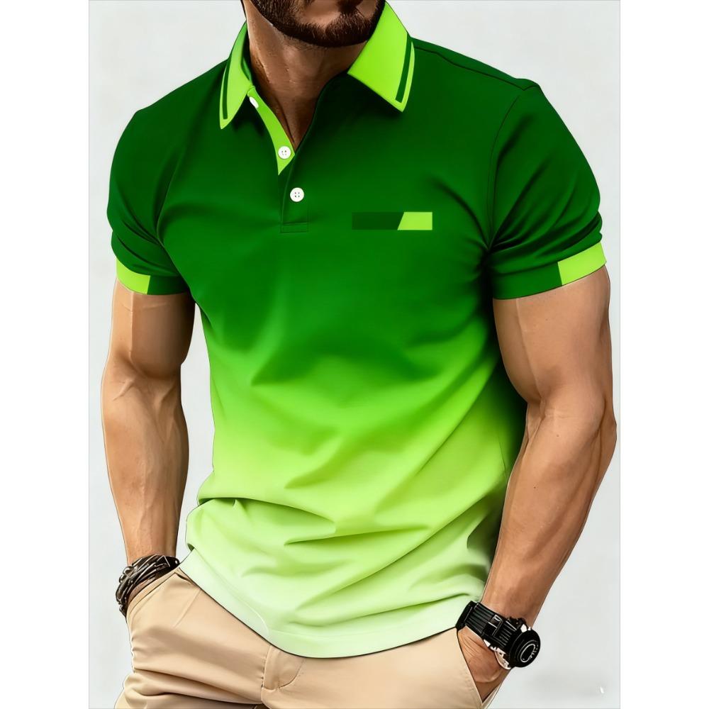 Men's Gradient Print Short-Sleeved Casual Sports T-Shirt with Stand-Up Collar and No Pockets - Summer Men's Clothing Gift