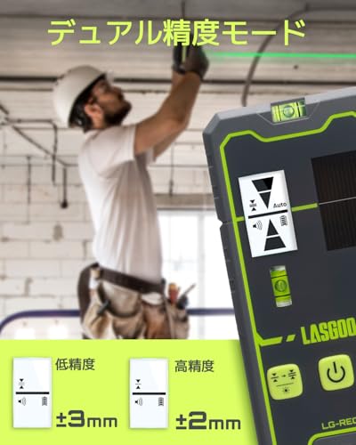 LasGoo LG-REC01 Laser Level Receiver with Dual LCD Display & Bubble Level, Green & Red Laser Beam Detector for Pulse Line Lasers, Up to 50m, Built-in