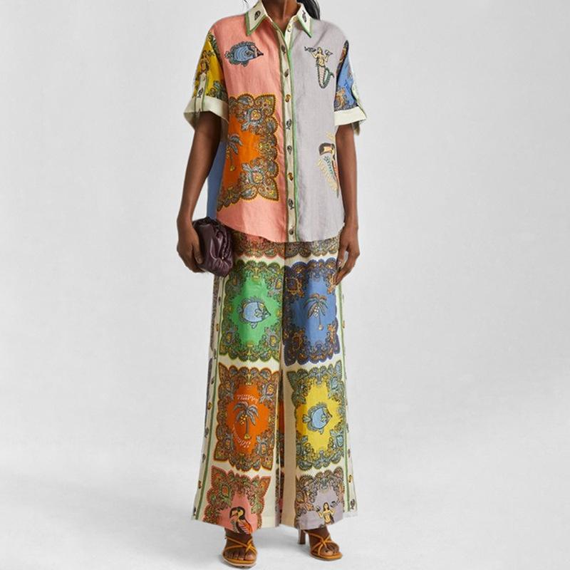 

Летняя женская повседневная рубашка с коротким рукавом и широкими брюками, модный костюм 3XL