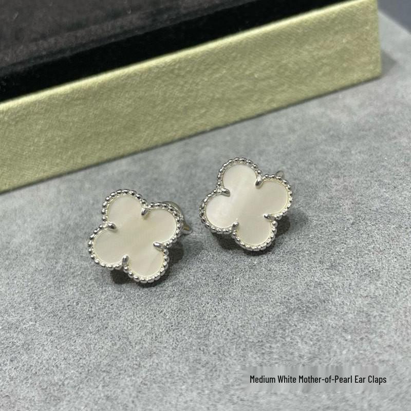 High-Version 18K Rose Gold Earrings: Four-Leaf Clover with White Mother-of-Pearl & Red Agate - Fashionable, Luxurious, INS Style.