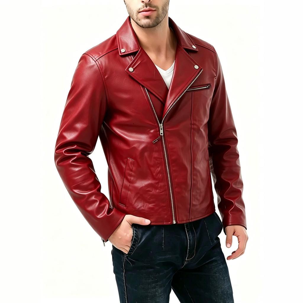 Men's PU leather jacket lapel locomotive jacket spring and autumn slim jacket fashion trend burgundy black