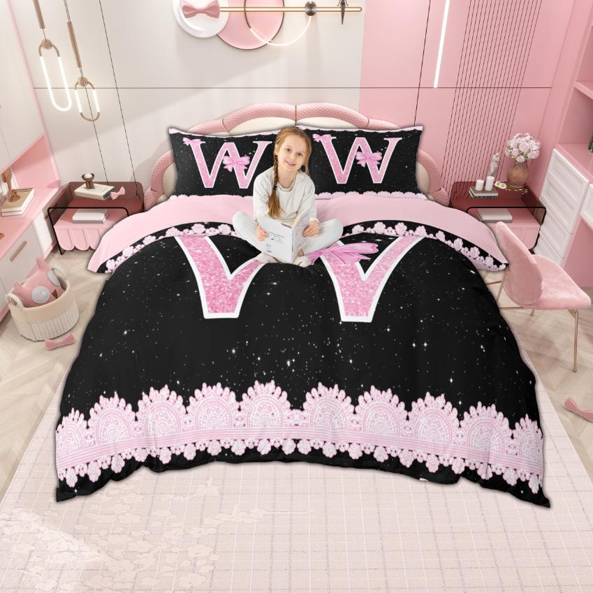 Homewish Personalized Initial M To Z Duvet Cover Set For Girl Black Pink Bedding Set Monogrammed Theme Bedroom Set Room Decor